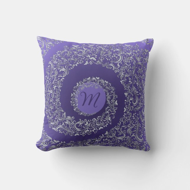 Purple Damask Monogram Throw Pillow (Front)