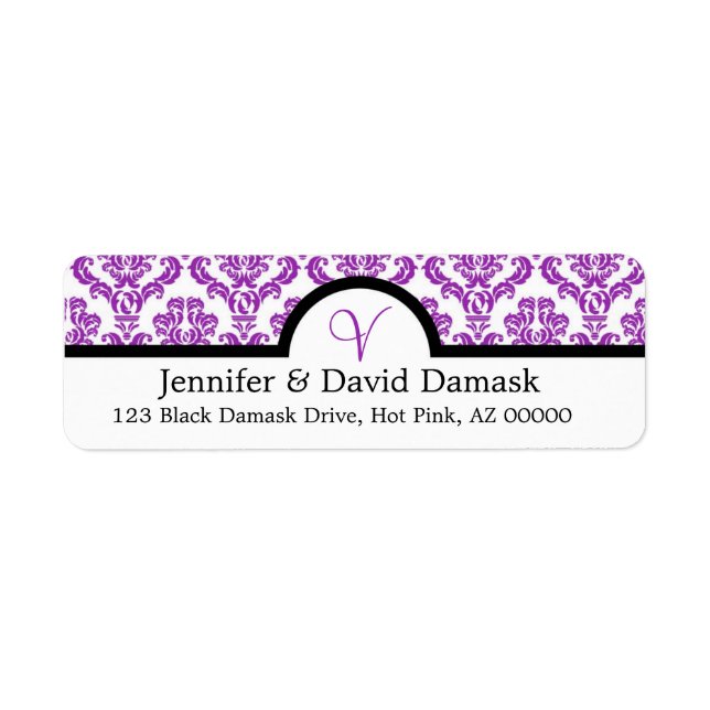 Purple Damask Monogram V Wedding Mailing Labels (Front)