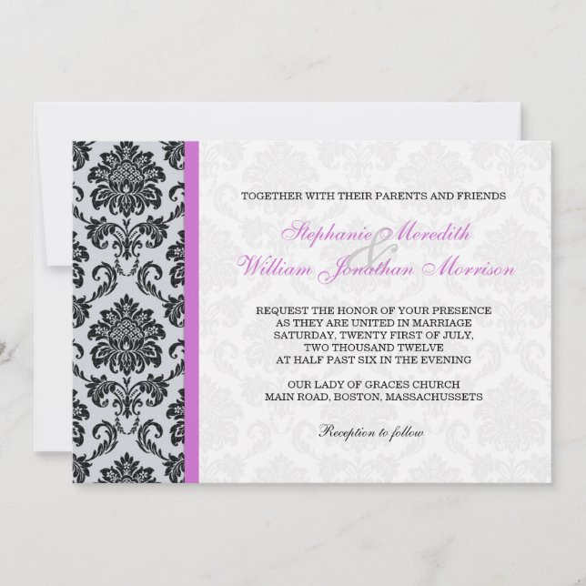 Purple Damask Monogram Wedding Invitation (Front)