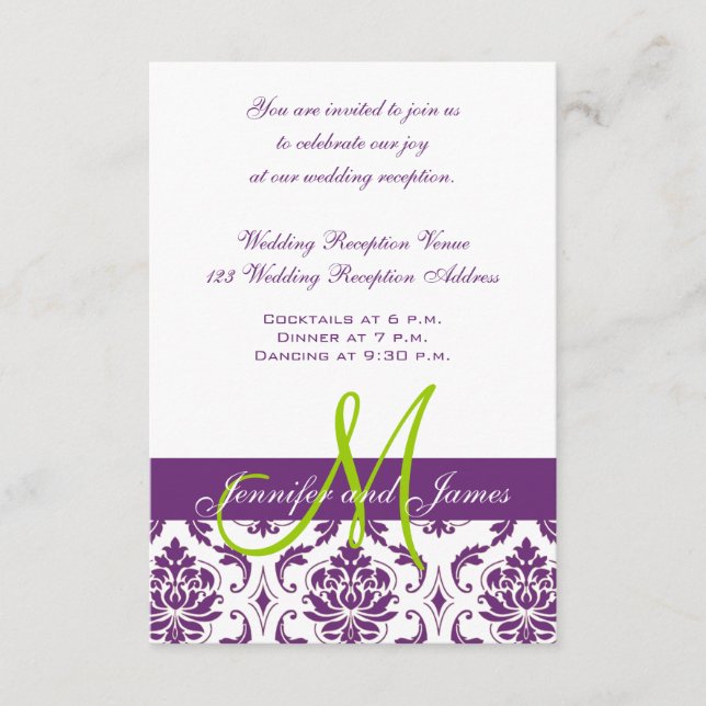 Purple Damask Monogram Wedding Reception Enclosure Card (Front)