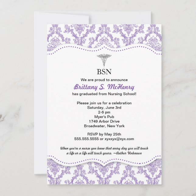 Purple Damask Nurse graduation pinning invites (Front)