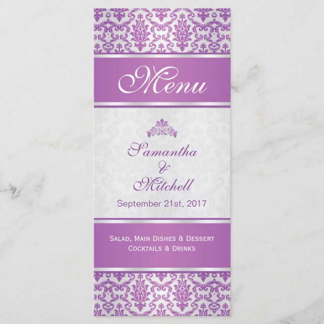 Purple damask on silver Menu (Front)