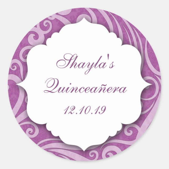 Purple Damask Party Favor Sticker (Front)