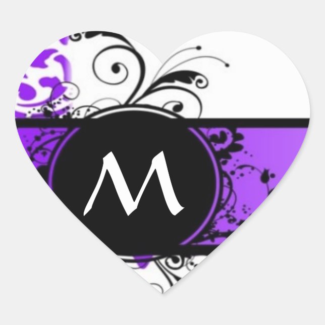 Purple damask pattern and monogram heart sticker (Front)