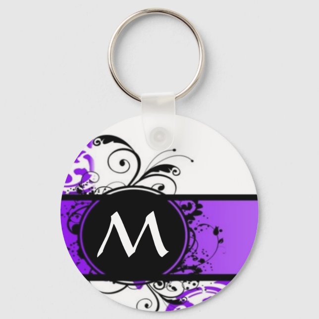 Purple damask pattern and monogram keychain (Front)