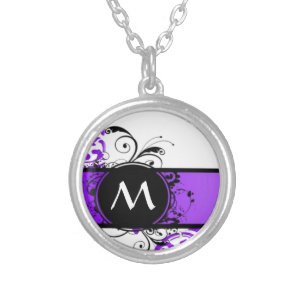 Purple damask pattern and monogram silver plated necklace