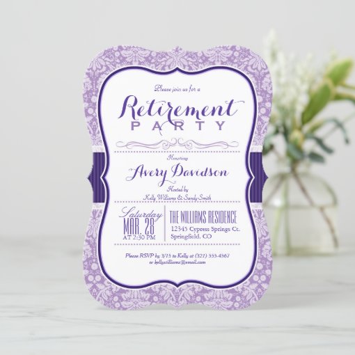 Purple Damask Pattern; Elegant Retirement Party Invitation | Zazzle