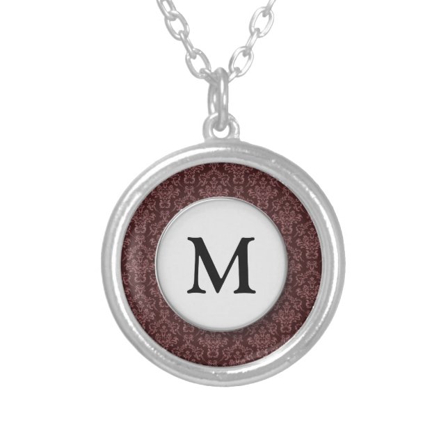 Purple Damask Pattern Monogram Silver Plated Necklace (Front)