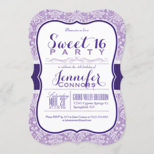Purple Damask Pattern; Sweet 16 Birthday Party Invitation