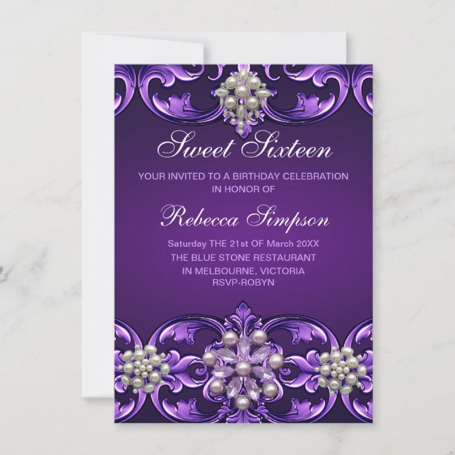 Purple Damask & Pearl Sweet 16 Birthday Invite (Front)