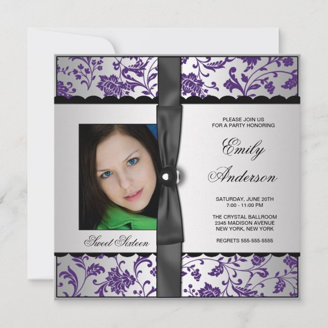 Purple Damask Photo Sweet 16 Party Invitation (Front)