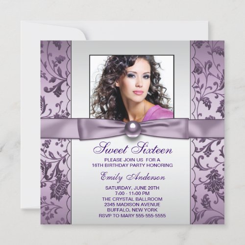 Purple Damask Photo Sweet Sixteen Birthday Party Invitation