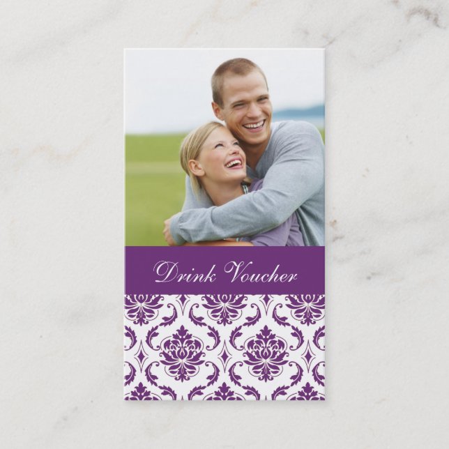 Purple Damask Photo Wedding Drink Voucher Discount Card (Front)