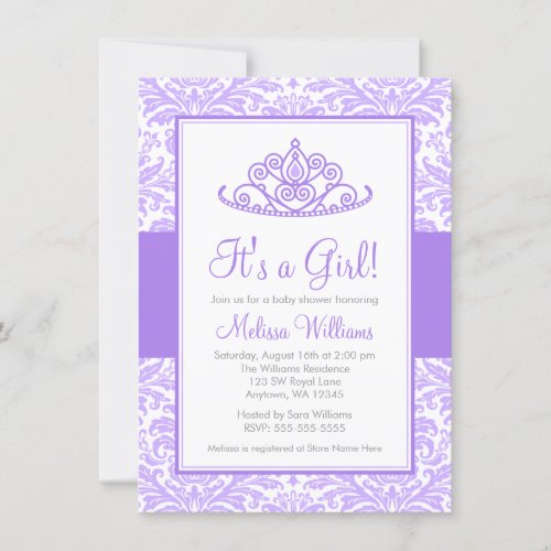 Purple Damask Princess Crown Girl Baby Shower Invitation