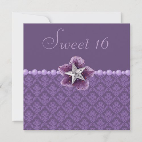 Purple Damask Printed Star  Pearls Sweet 16 Invitation