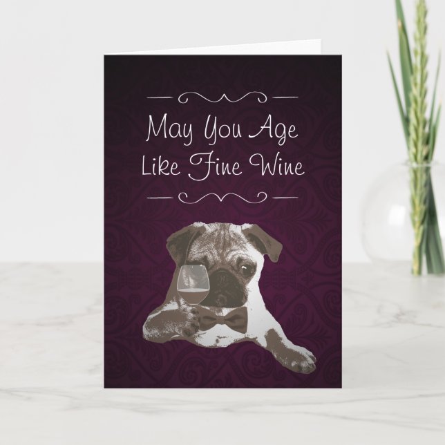 Purple Damask Pug & Fine Wine Happy Birthday Card (Front)