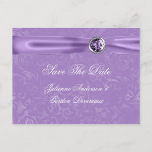 Purple Damask Purple Ribbon Jewels Save The Date Announcement Postcard