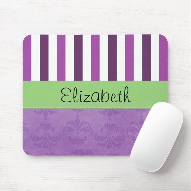 Purple Damask, Purple Stripes, Striped, Your Name Mouse Pad (With Mouse)