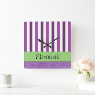 Purple Damask, Purple Stripes, Striped, Your Name Square Wall Clock