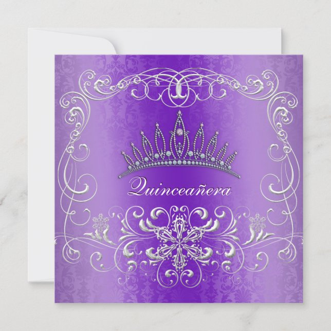 Purple Damask Quinceanera Diamond Tiara Invite (Front)