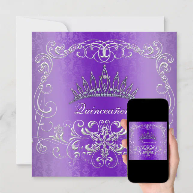 Purple Damask Quinceanera Diamond Tiara Invite Zazzle