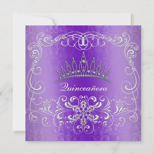 Purple Damask Quinceanera Diamond Tiara Invite