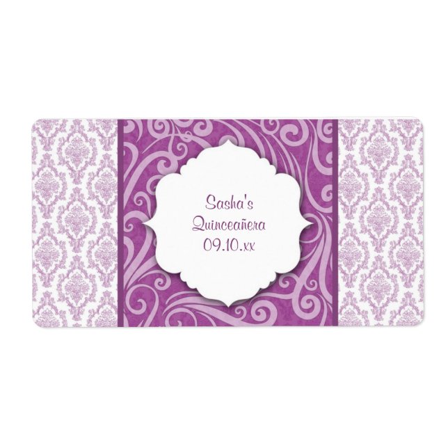 Purple Damask Quinceañera Water Bottle or Favor Label (Front)