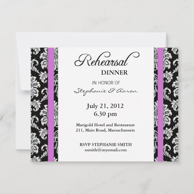 Purple Damask Rehearsal Dinner Card (Front)