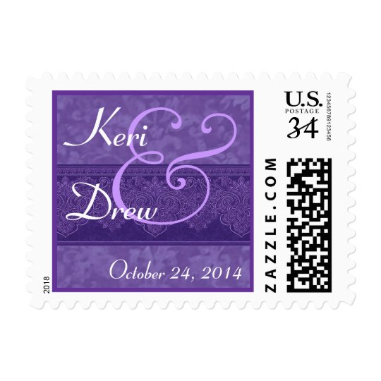Purple Damask Ribbon Wedding Date Stamp R702