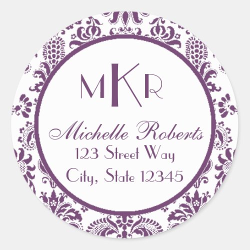 Purple Damask Round Return Address Label