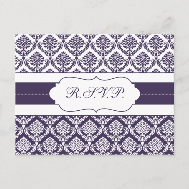 purple damask  rsvp invitation postcard (Front)