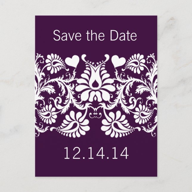Purple Damask Save the Date Announcement Postcard (Front)
