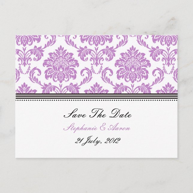 Purple Damask Save The Date Postcard (Front)