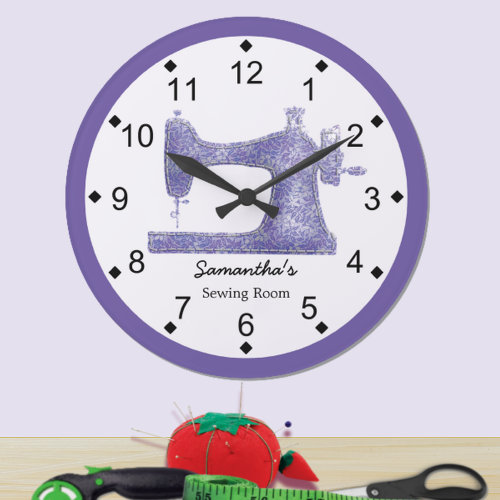 Purple Damask Sewing Machine Large Clock
