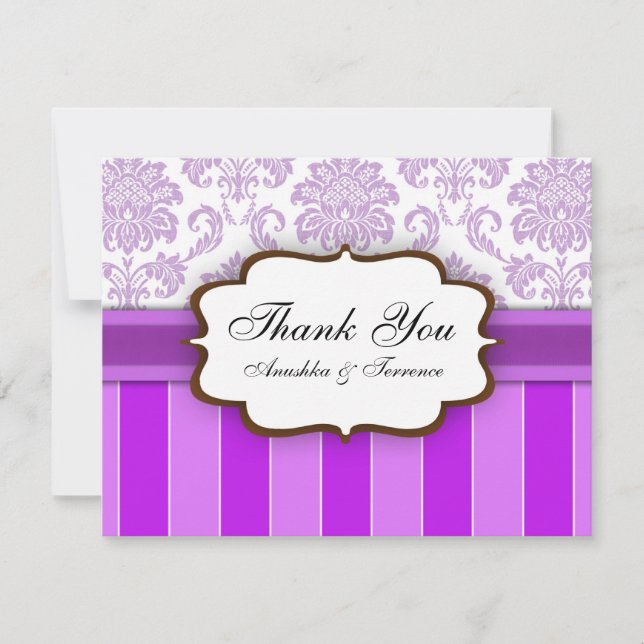 Purple Damask Stripe Wedding Thank You Card (Front)