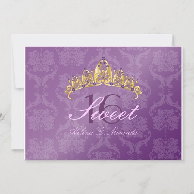 Purple Damask Sweet 16/ tiara/amethyst invitations (Front)