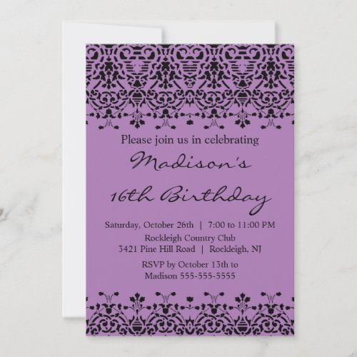Purple Damask Sweet Sixteen Birthday Invitation