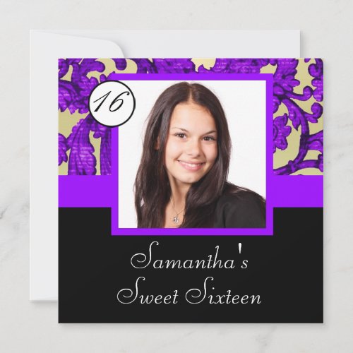 Purple damask sweet sixteen invitation