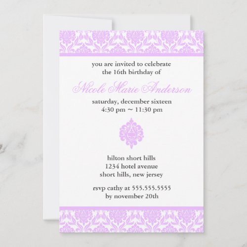 Purple Damask Sweet Sixteen Invitations