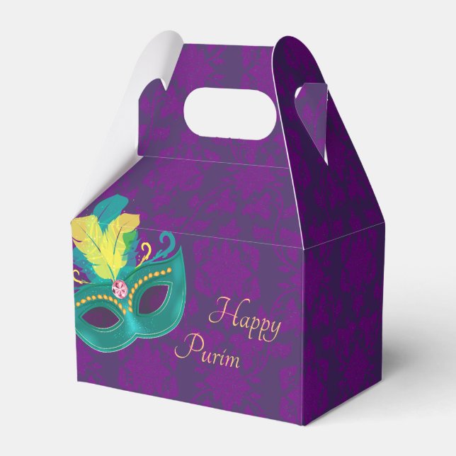 Purple Damask Teal Mask Purim Party Favor Boxes (Front Side)