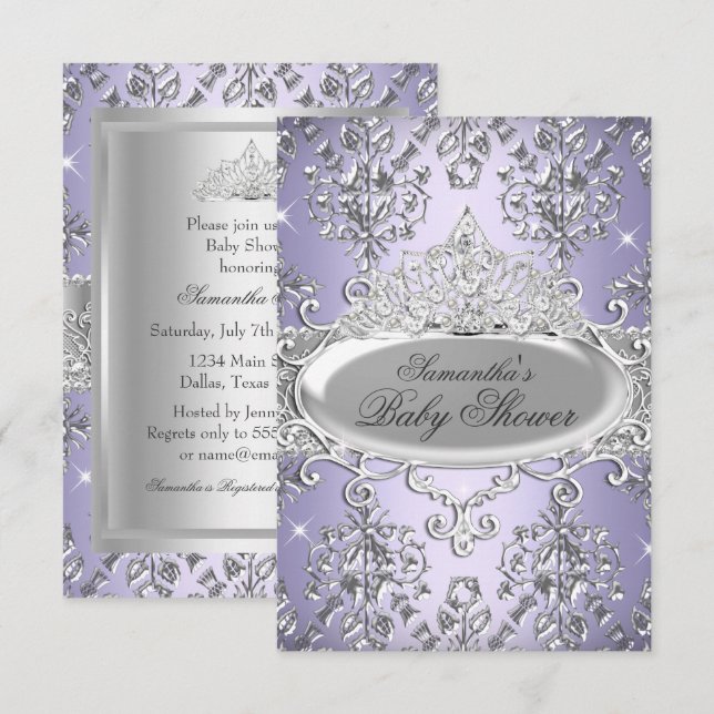 Purple Damask Tiara Princess Baby Shower Invite (Front/Back)