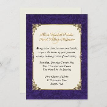 Purple Damask & Vintage Gold Wedding Invitation by Myweddingday at Zazzle
