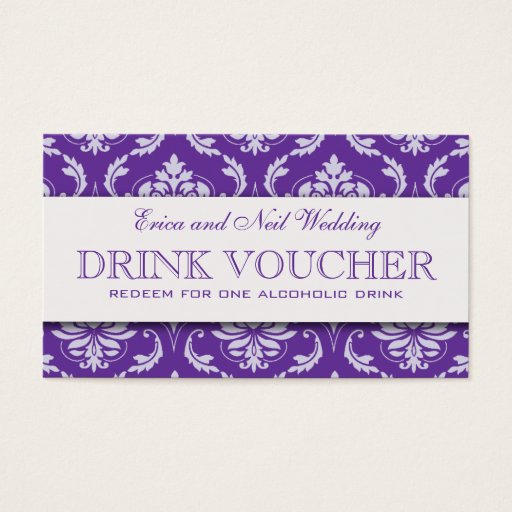 Customizable Purple Damask Wedding Drink Voucher for Reception Business Card Templates