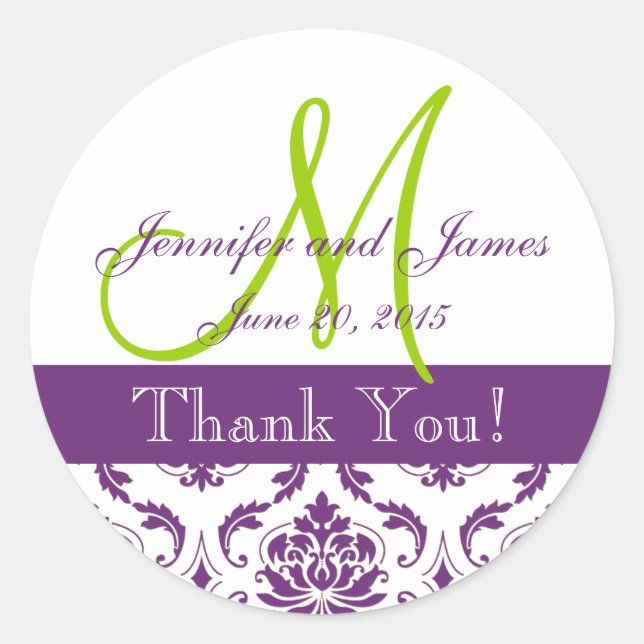 Purple Damask Wedding Favor Sticker (Front)