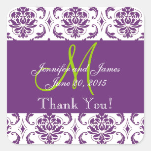 Purple Damask Wedding Favor Thank You Square Sticker