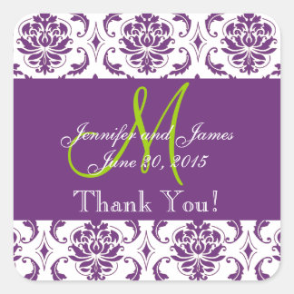 Purple Damask Wedding Favor Thank You Square Sticker