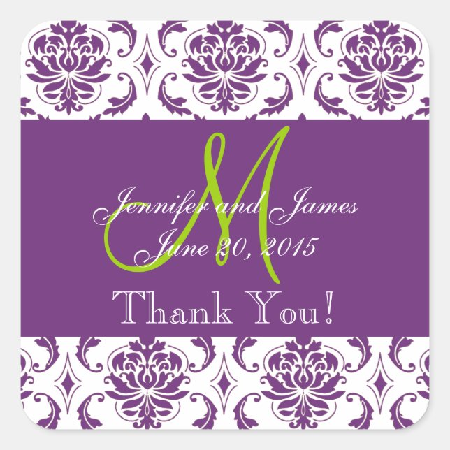 Purple Damask Wedding Favor Thank You Square Sticker (Front)