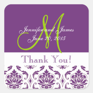 Purple Damask Wedding Favor Thank You Square Sticker