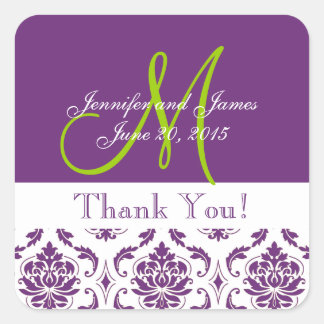 Purple Damask Wedding Favor Thank You Square Sticker