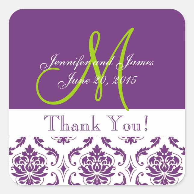 Purple Damask Wedding Favor Thank You Square Sticker (Front)